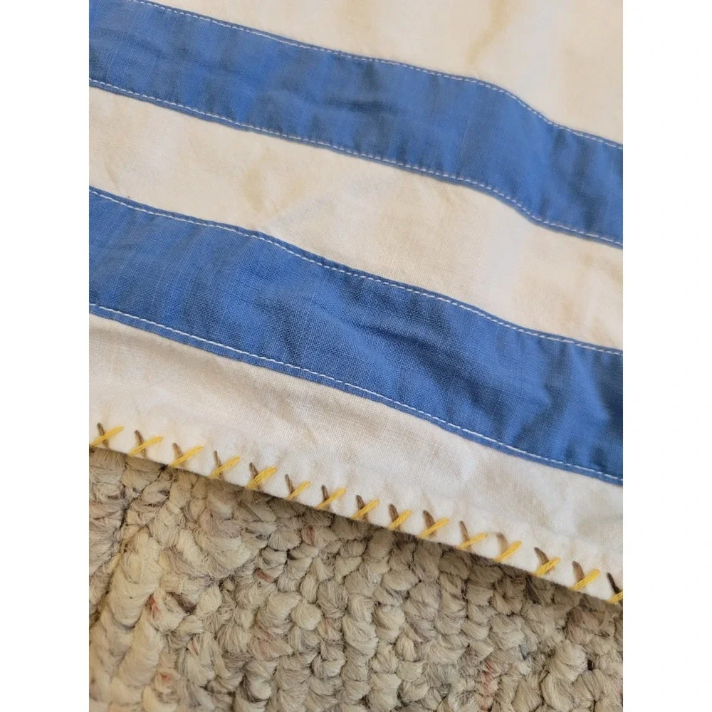 Handmade Vintage Tablecloth Farmhouse Applique Grid Star White Blue Square 35x35